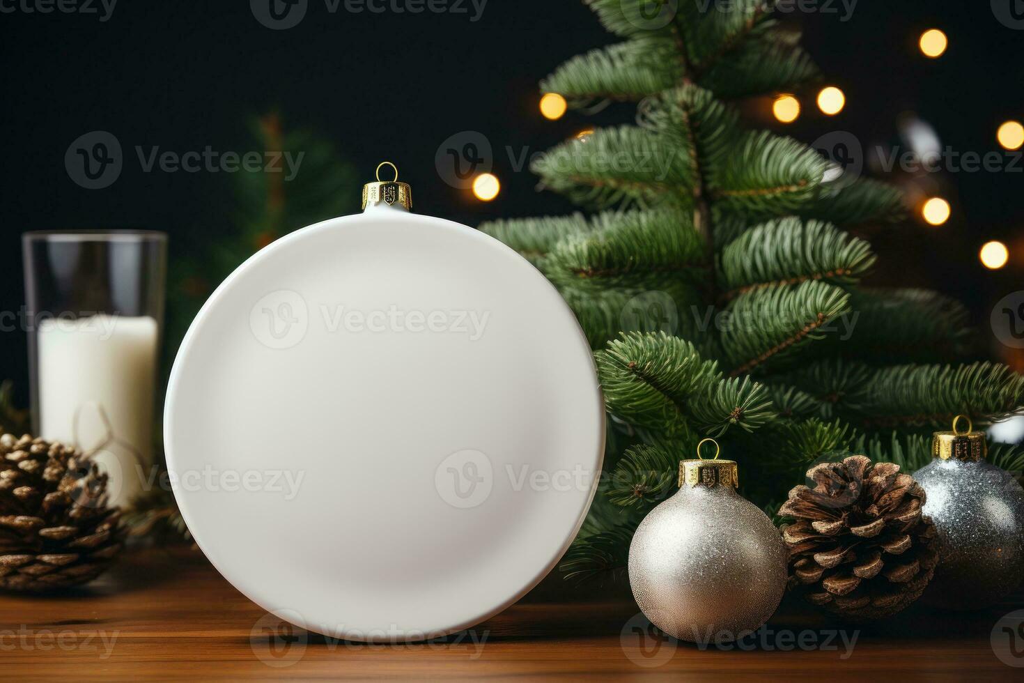 Photo of flat blank mockup decorative on the Christmas tree. Generative AI