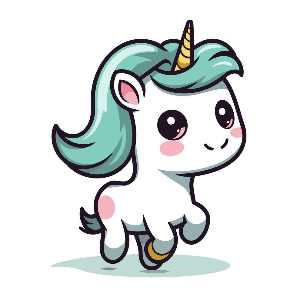 Cute cartoon unicorn running isolated on white background. Vector illustration.