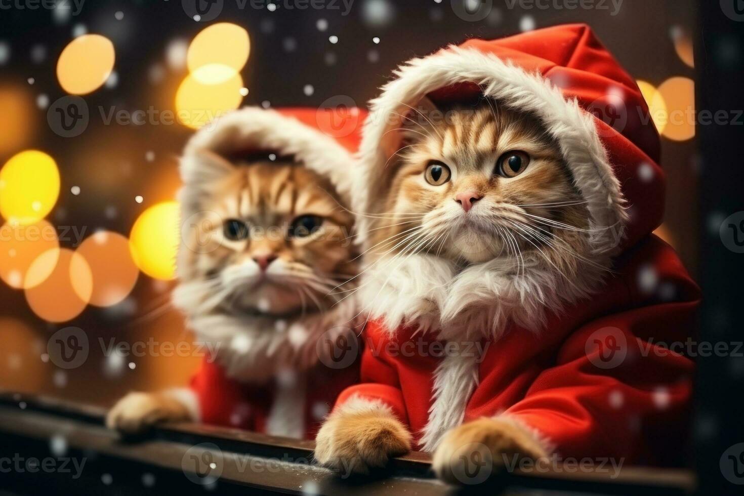 Cute cat in a Santa Claus costume Christmas blurred bokeh lights. Generative AI photo