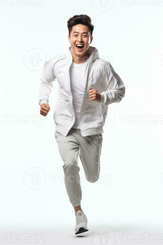 Asia male jogging Happy and energetic generation in white background. Generative AI photo