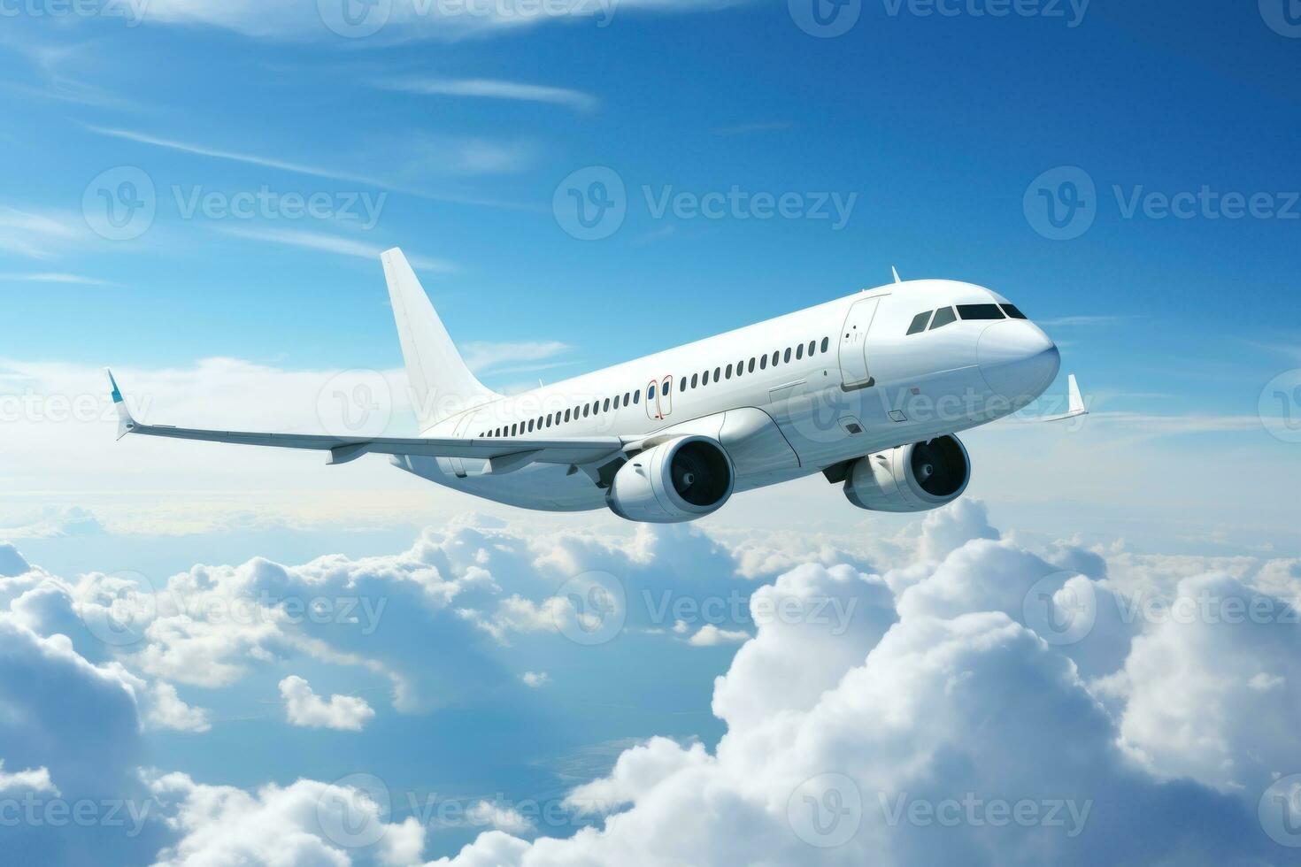White airplane in the sky, side view. Generative AI photo