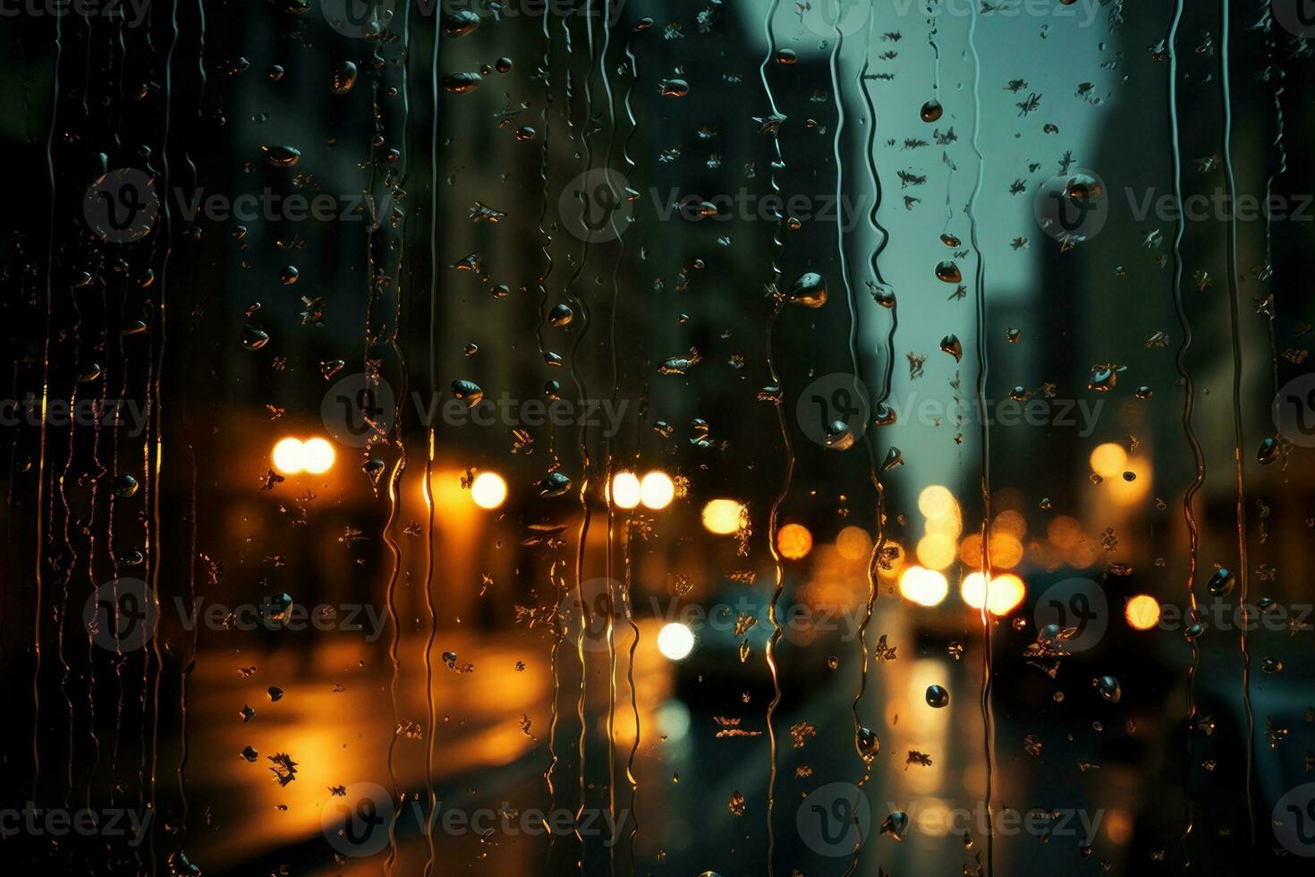 Image of a night street full of rain on a window, water drops. Generative AI photo