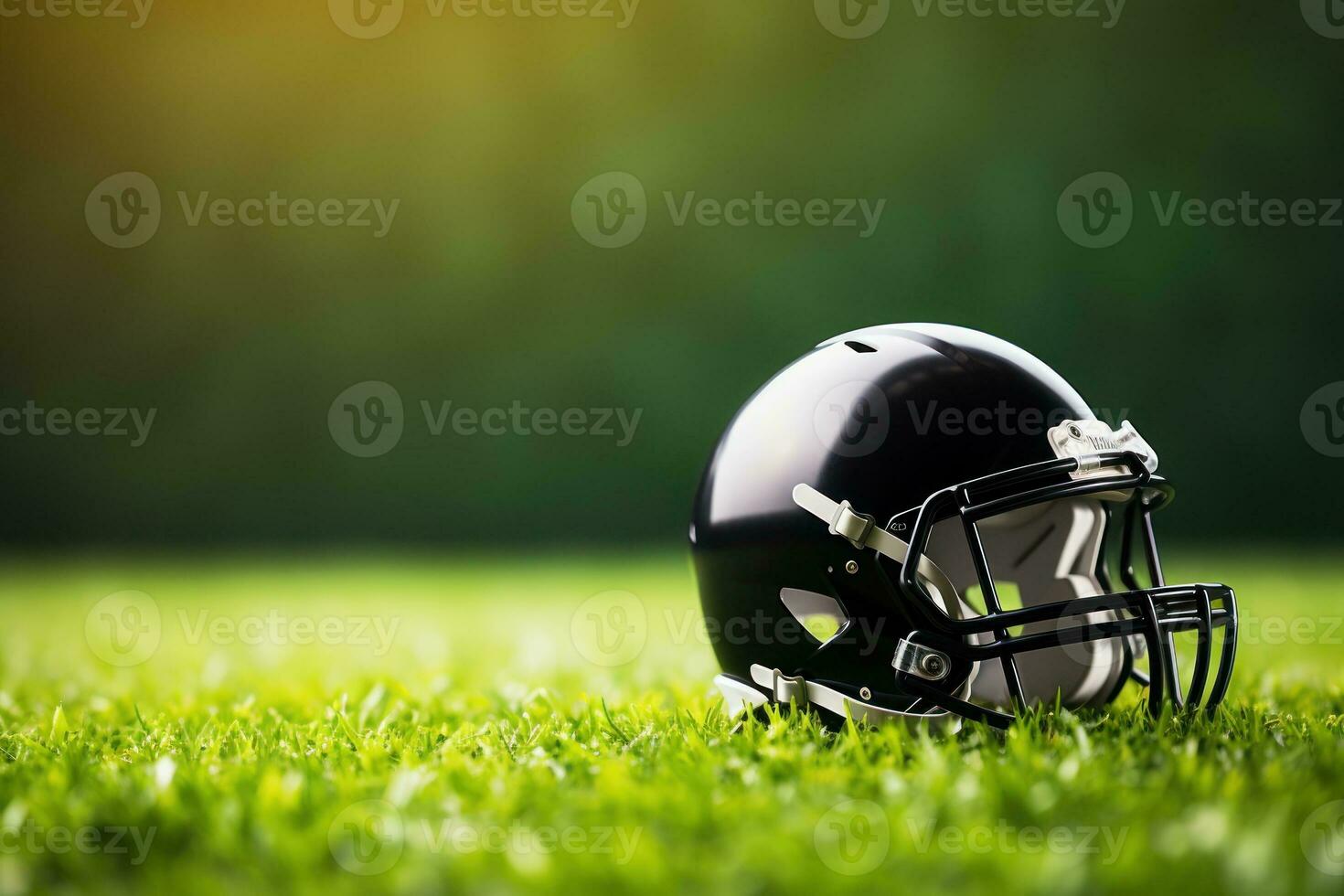 Minimalist photo of an American football helmet, artificial grass background. Generative AI