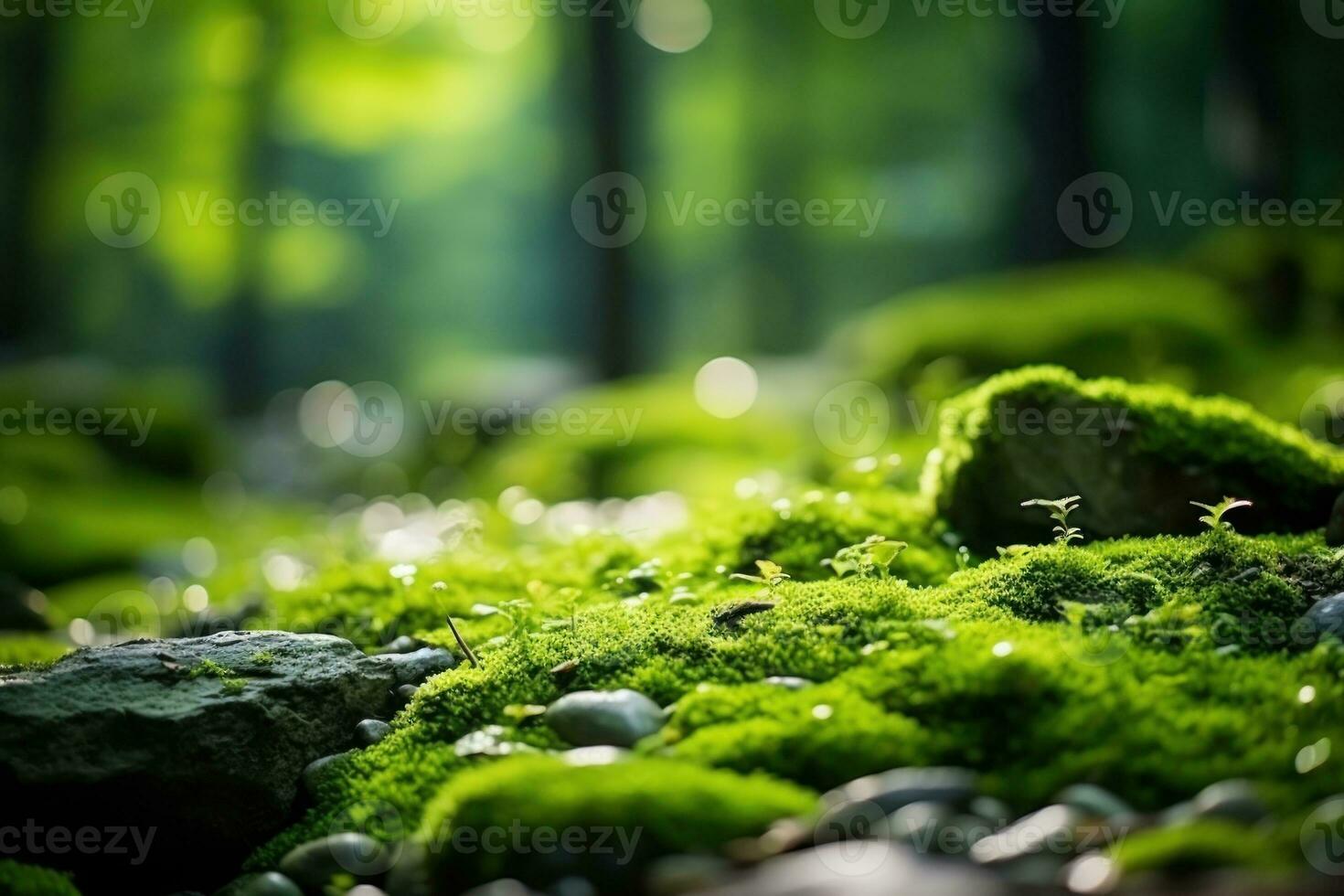 Beautiful Bright Green on the floor in the forest. Generative AI photo