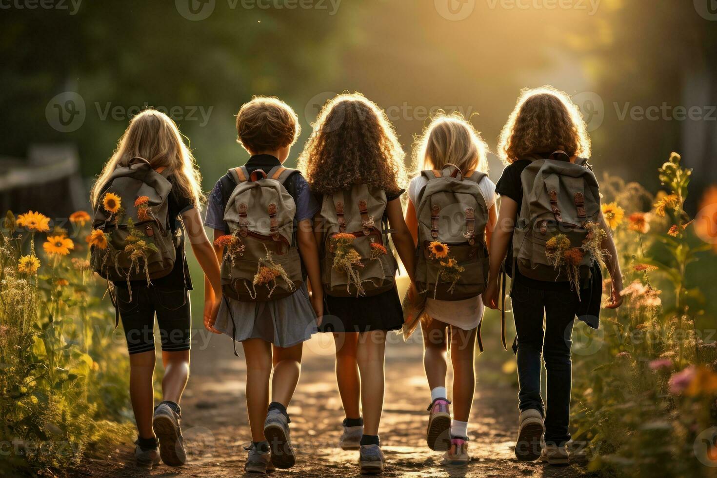 Children back to school after summer. Generative AI photo