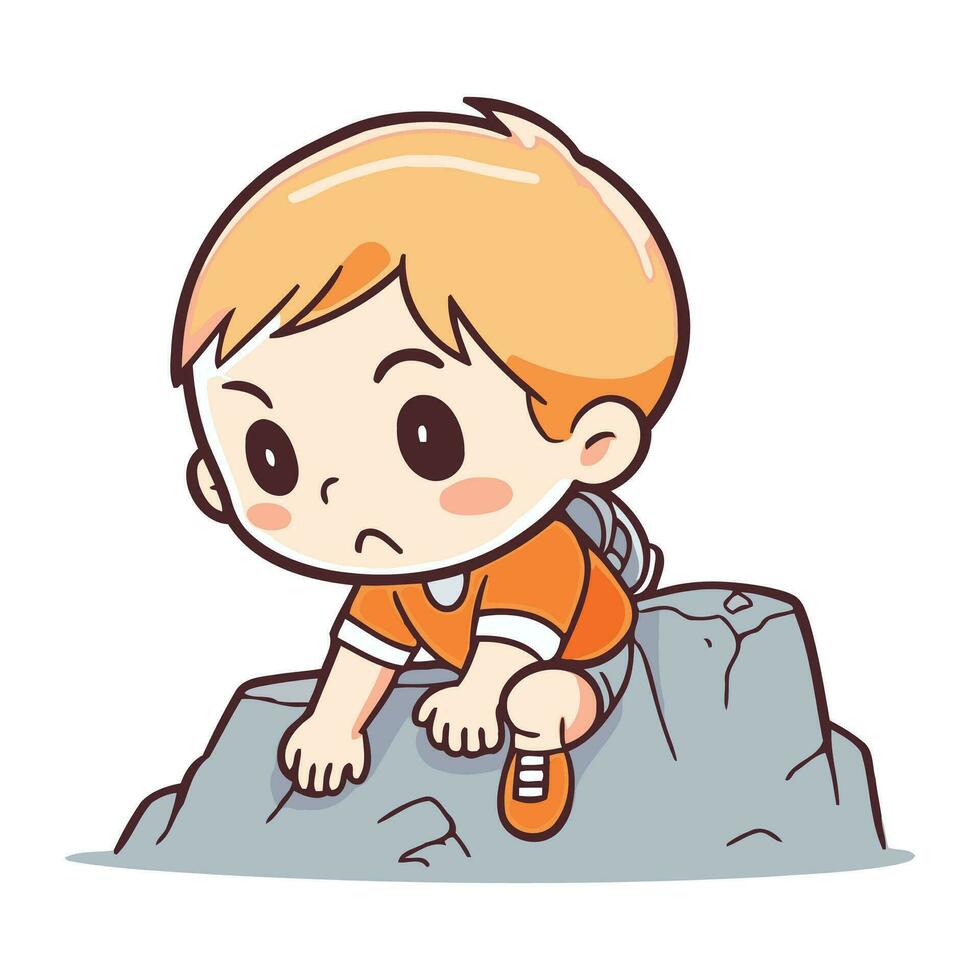 Cute little boy sitting on the rock. Vector cartoon illustration.