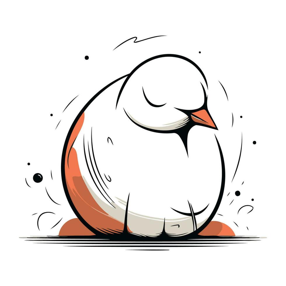 Vector illustration of a white bird sitting on a white background. Cartoon style.