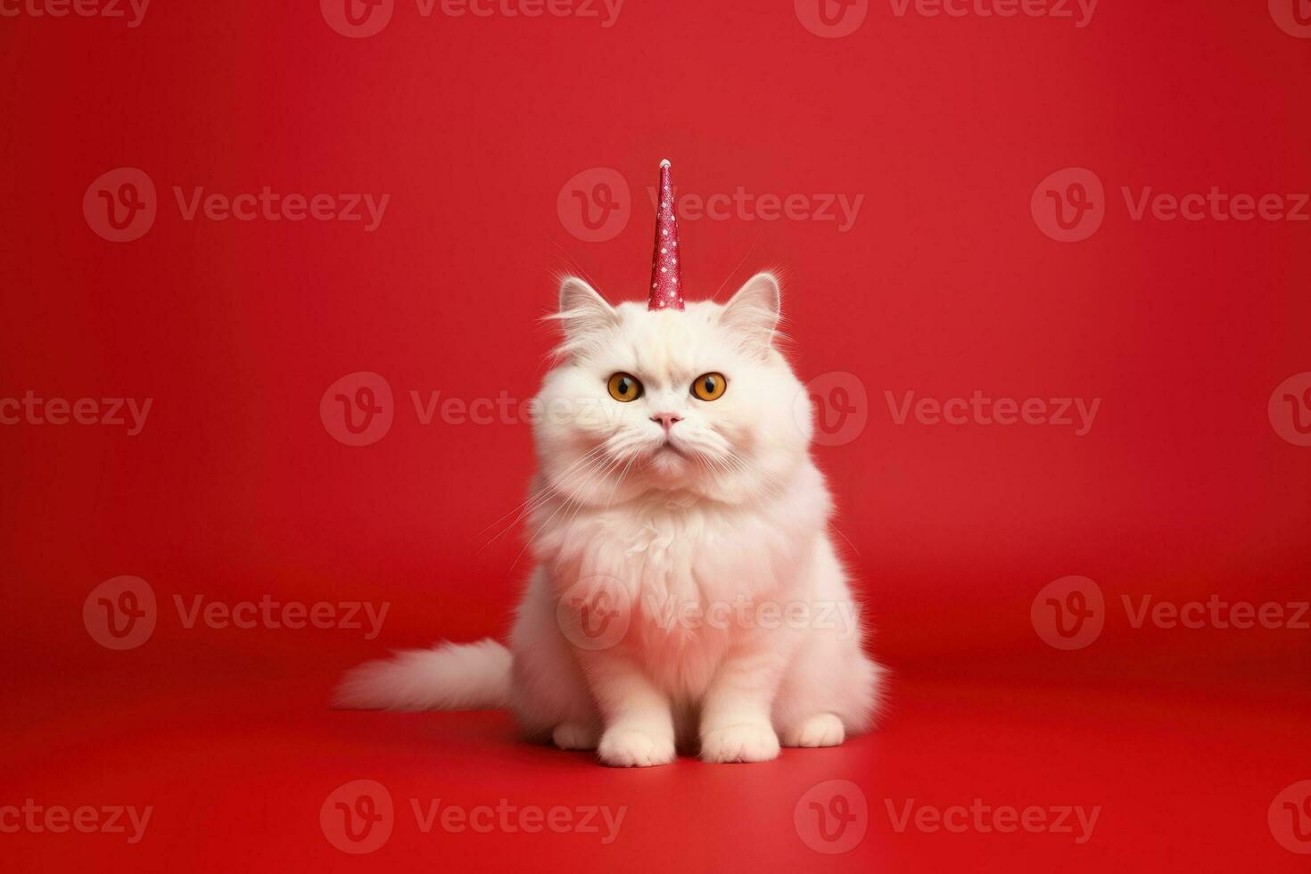 Happy cat celebrating birthday with party hat on, isolated on blue background. Generative AI photo