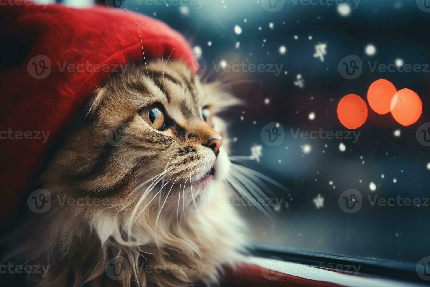 Cute cat in a Santa Claus costume Christmas blurred bokeh lights. Generative AI photo