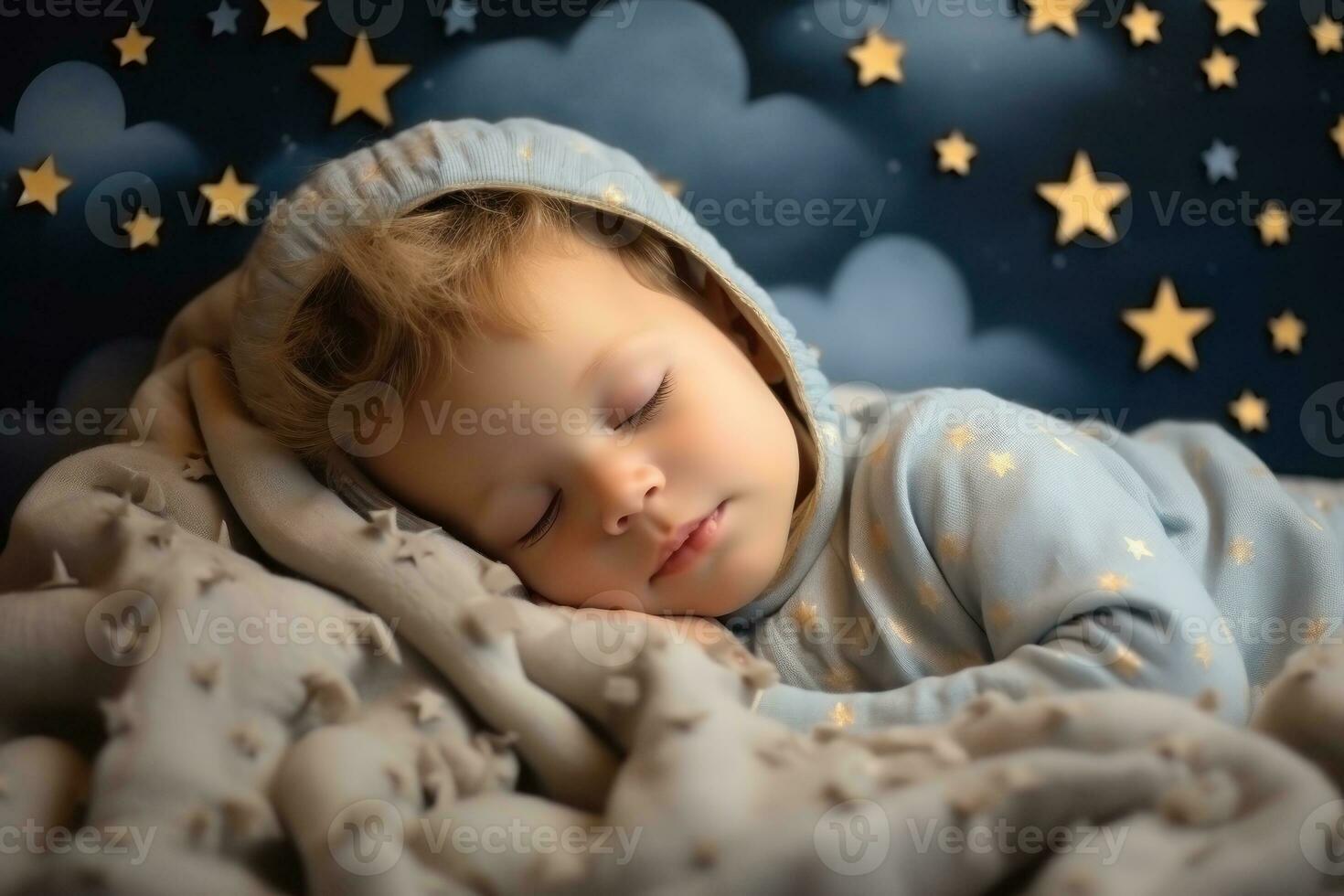 A small child is sleeping in soft clouds, surrounded by space, starry sky and peace. Generative AI photo
