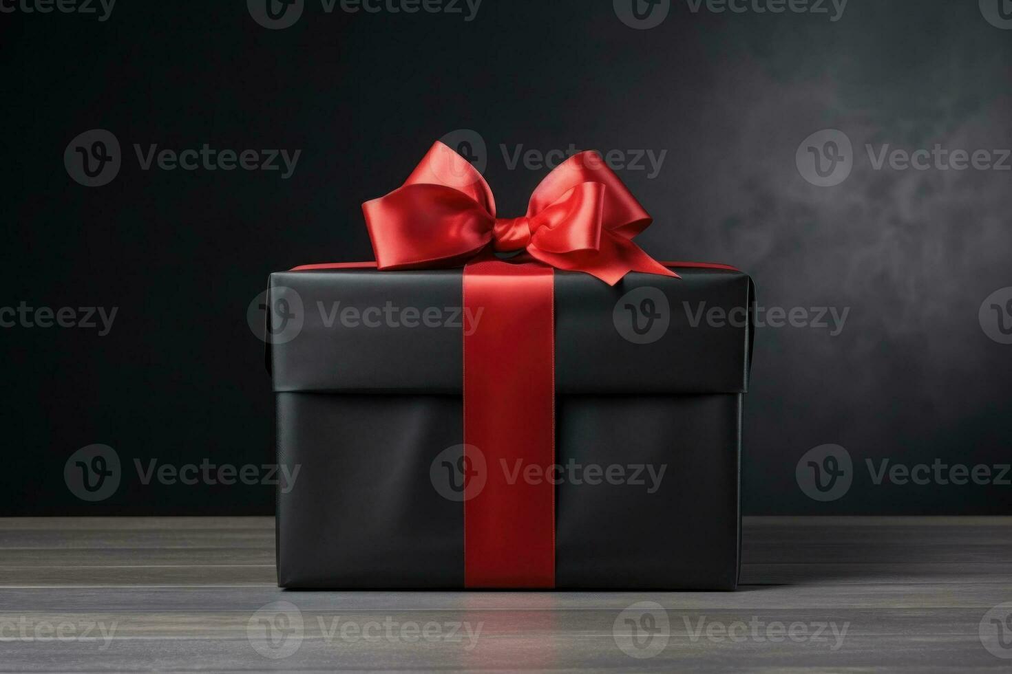 Black Friday Gift wrapped in black paper with red bow on dark background. Generative AI photo