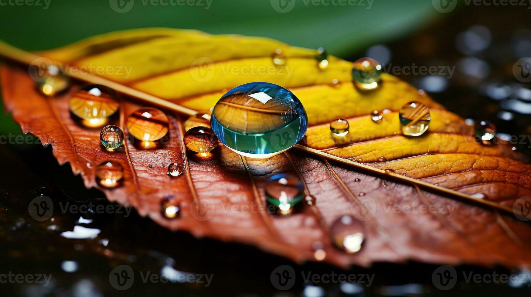 Extreme close up photography of a drop on a colorful leaf. Generative AI photo