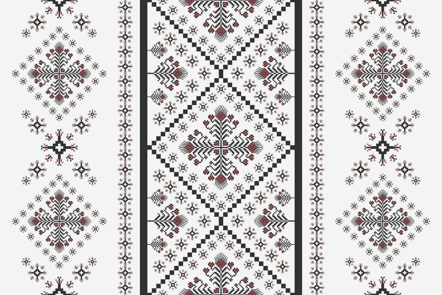 Geometric floral embroidery cross stitch pattern. Ethnic geometric floral pixel art seamless pattern on white background. Ethnic floral stitch pattern use for textile, home decoration elements. vector