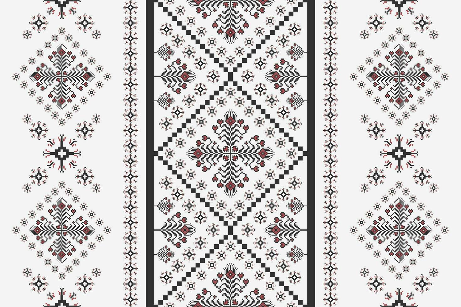 Geometric floral embroidery cross stitch pattern. Ethnic geometric floral pixel art seamless pattern on white background. Ethnic floral stitch pattern use for textile, home decoration elements. vector