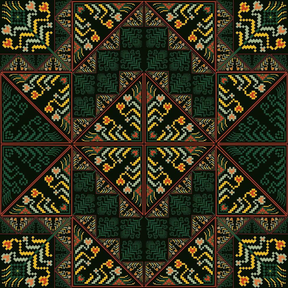 Ethnic geometric floral embroidery patchwork pattern. Ethnic geometric floral stitch seamless pattern. Ethnic geometric floral pattern use for textile, home decoration elements, upholstery, etc vector