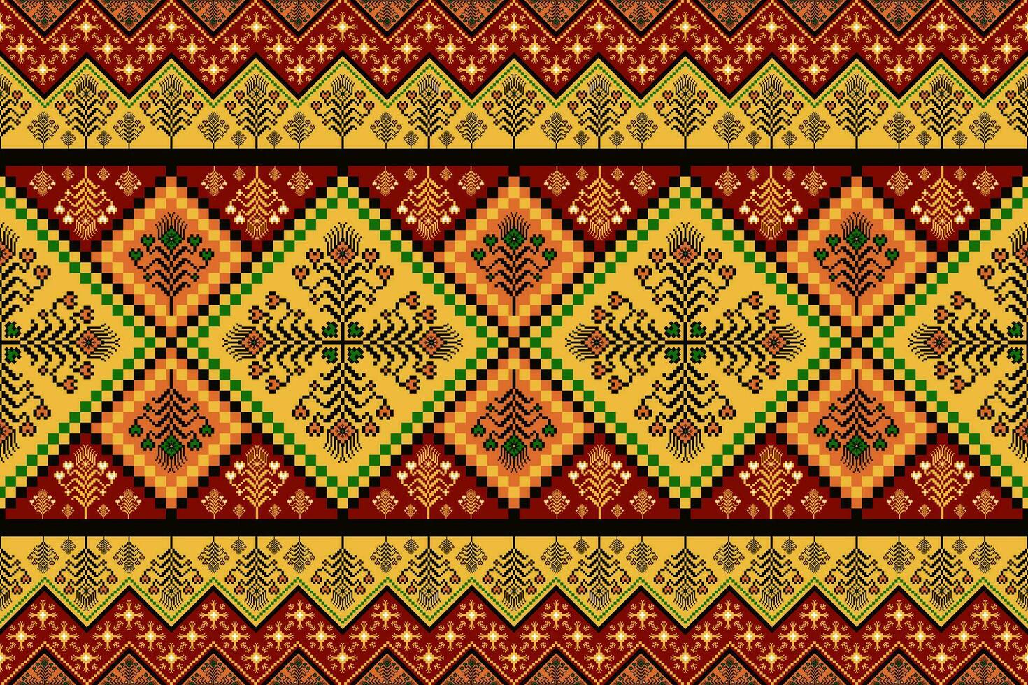 Ethnic colorful geometric traditional embroidery pattern. Colorful ethnic geometric floral pixel art seamless pattern. Ethnic stitch pattern use for fabric, textile, home decoration elements. vector