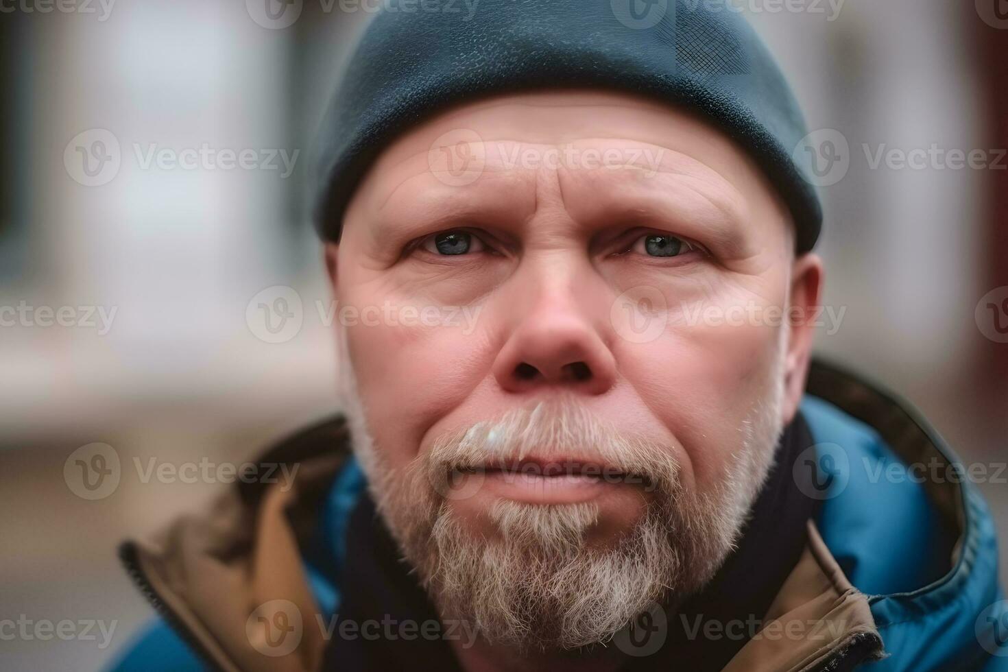 Street Portrait of an elderly man on a blurry background of a street and a crowd of people in a European city. Neural network AI generated photo