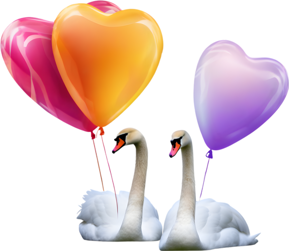 Two swans with a balloon in the background. AI-Generated. png