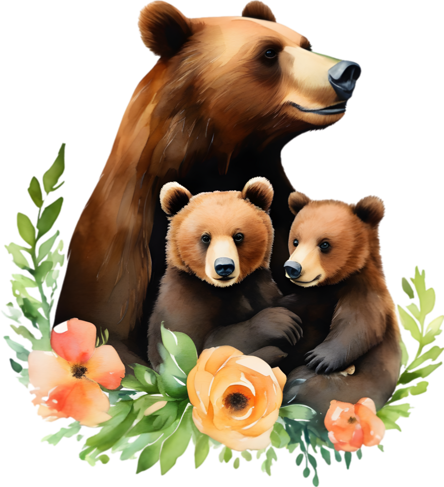 Mother bear and her cubs, Decorative clip art. AI-Generated. png