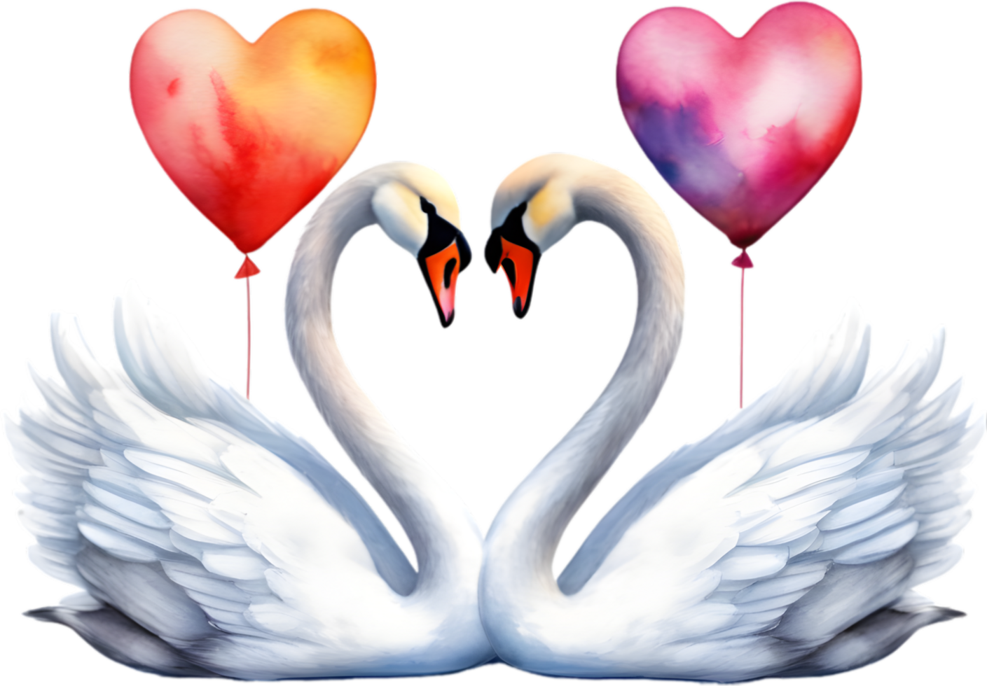 Two swans with a balloon in the background. AI-Generated. png