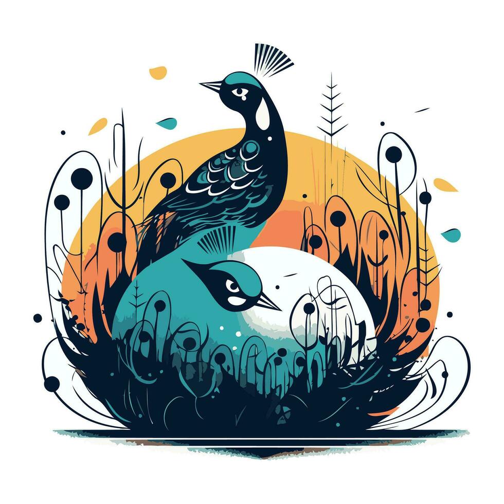 Peacock in the grass. Bird in the nature. Vector illustration.