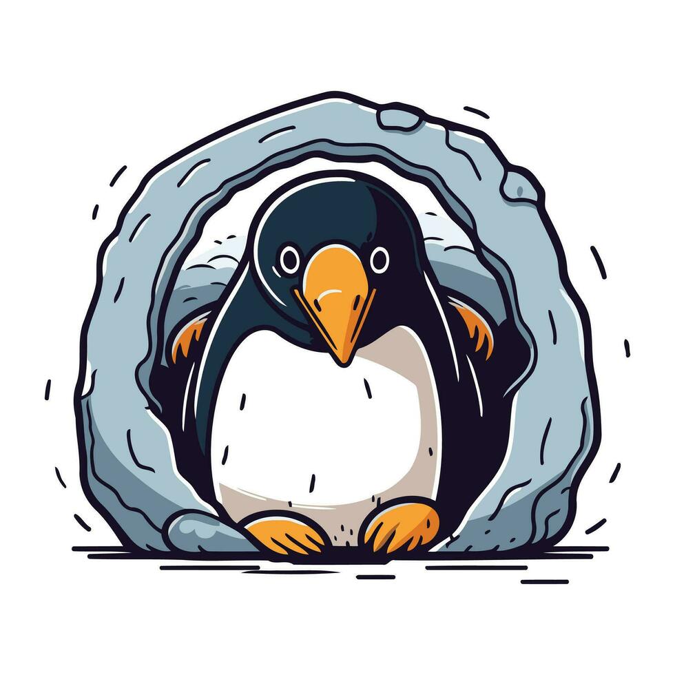 pingüino echar un vistazo fuera de un agujero. vector ilustración.