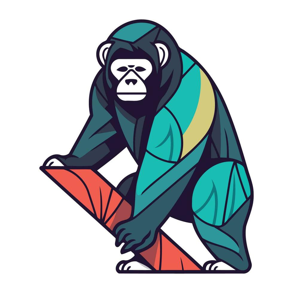 Chimpanzee sitting and reading a book. Vector illustration.