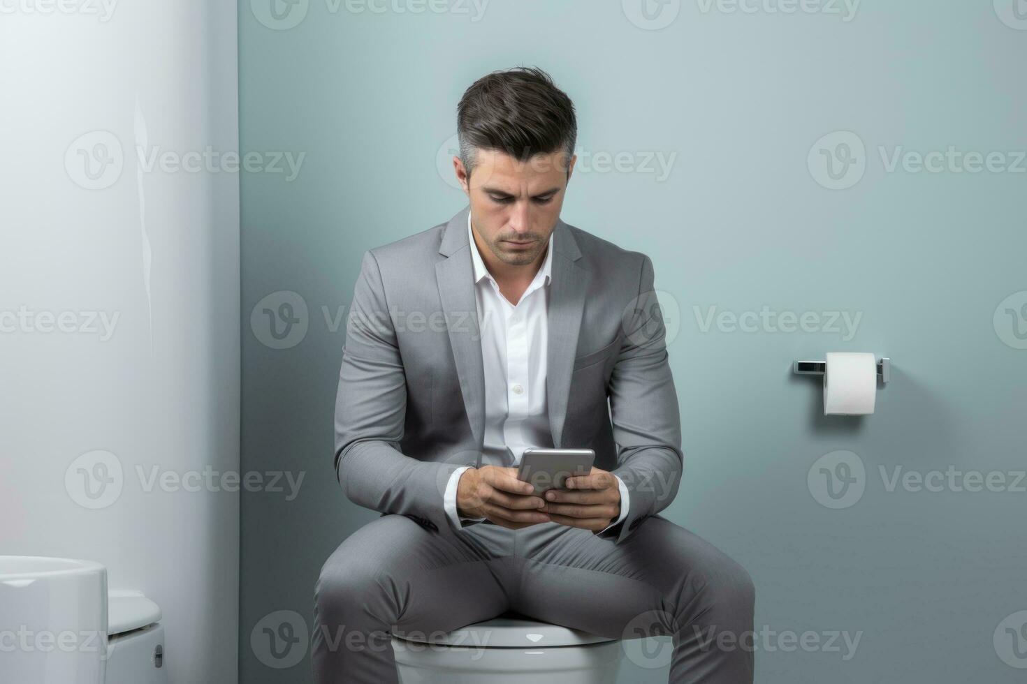 Man sitting on toilet using mobile phone. Generative AI photo