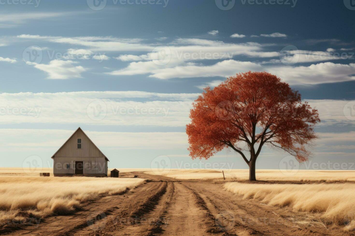 Minimalism large twostory barn in field with trees. Generative AI photo