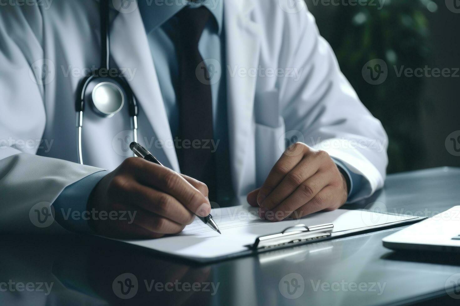 Hands of a doctor writing a medical prescription on a paper. Generative AI photo