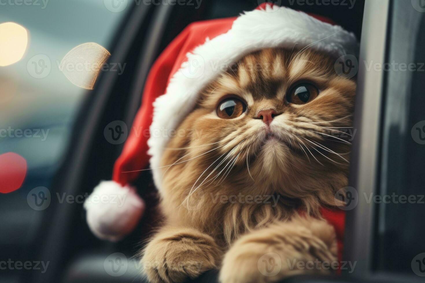 Cute cat in a Santa Claus costume Christmas blurred bokeh lights. Generative AI photo