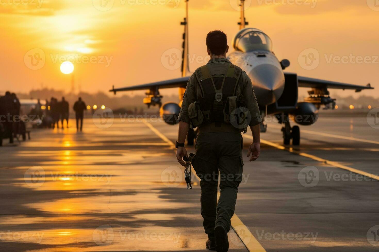 piloto caminando a lo largo el pista Encendiendo en el antecedentes de un combatiente generativo ai foto