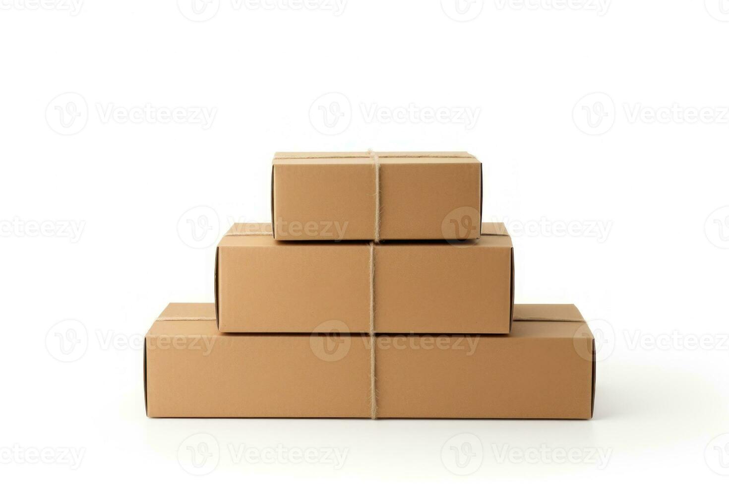 Clean, plain cardboard boxes in stock , white background, isolated on white. Generative AI photo