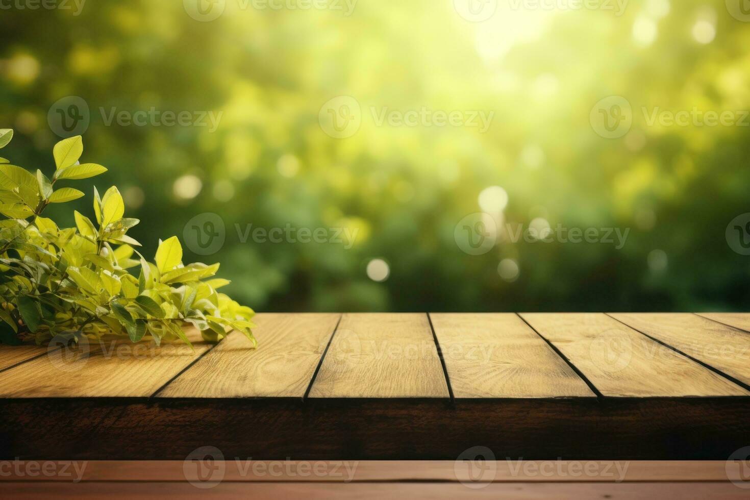 hyper realistic image of a wooden table, green and yellow sunny background. Generative AI photo