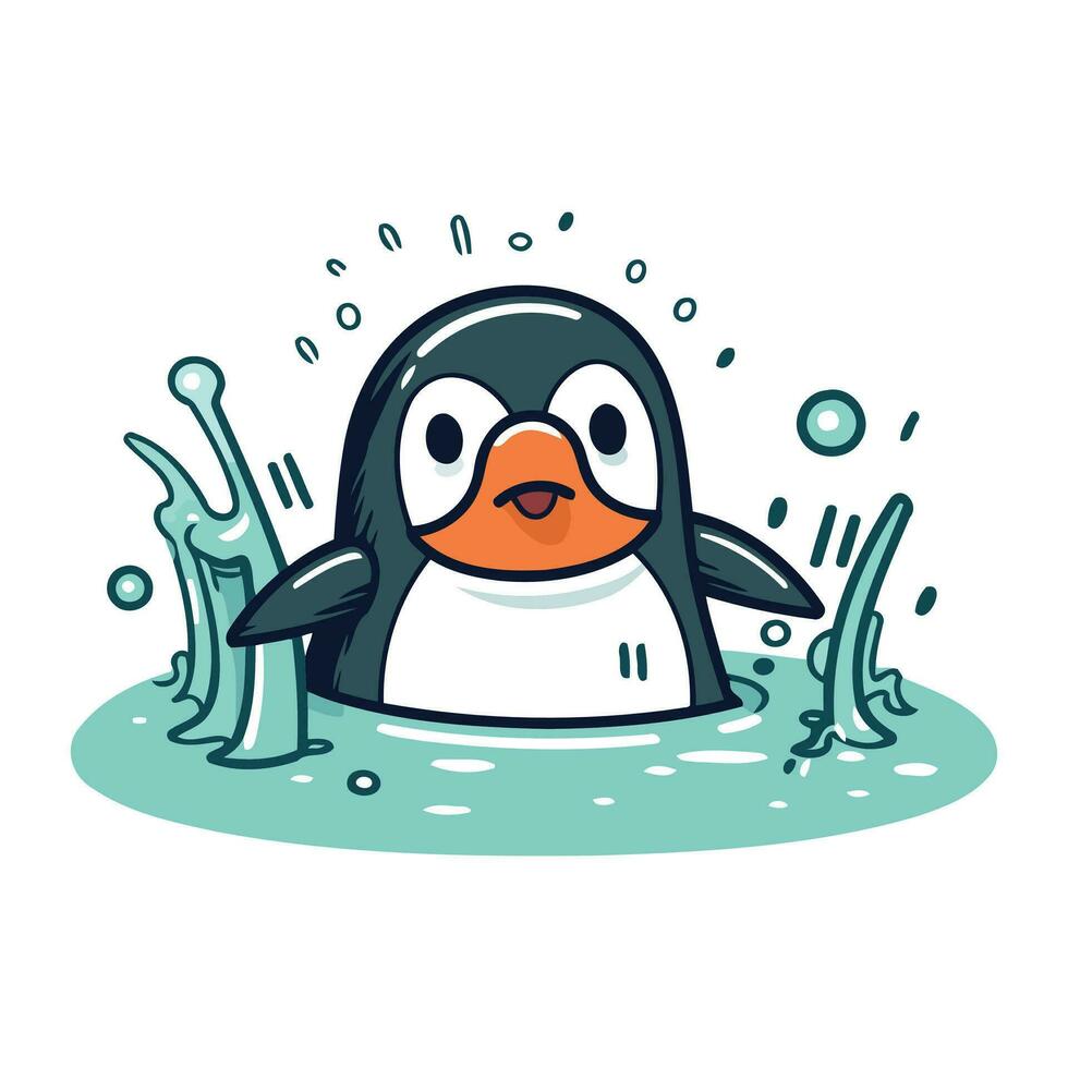 Cute penguin swimming in the sea. Vector illustration in cartoon style.