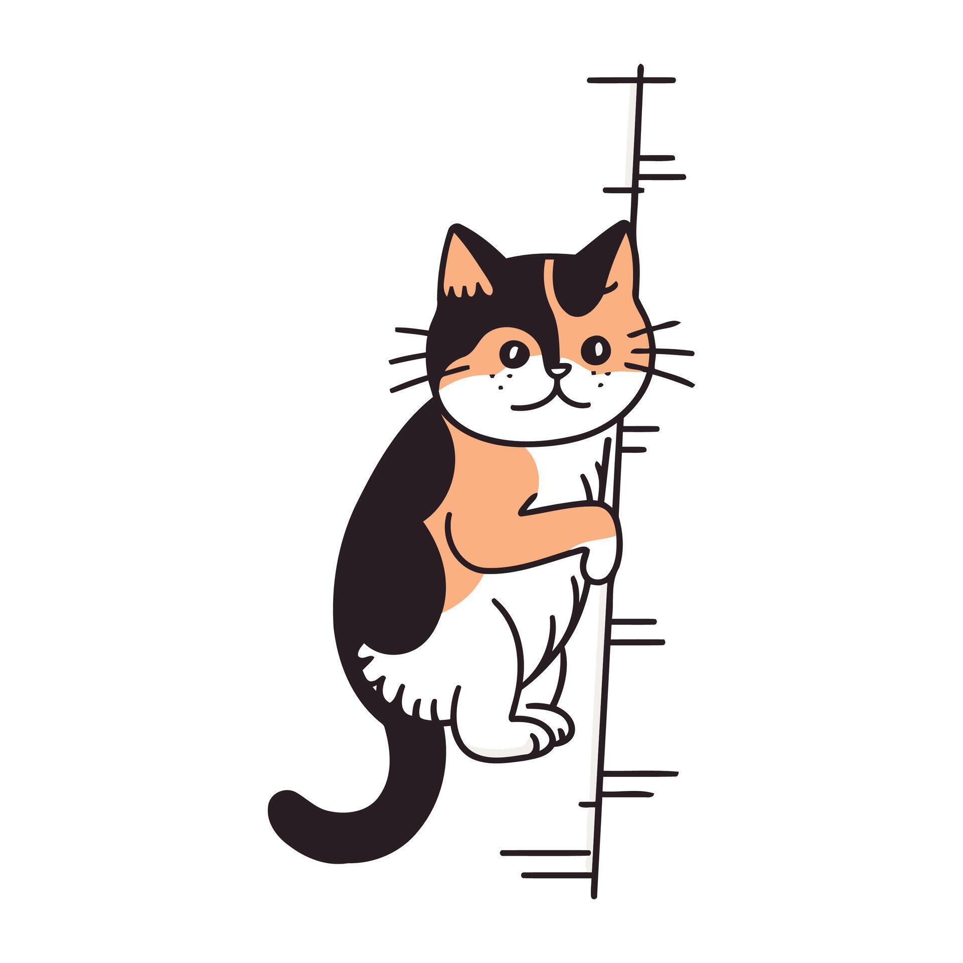 Cute cat climbing a ladder isolated on white background. Vector