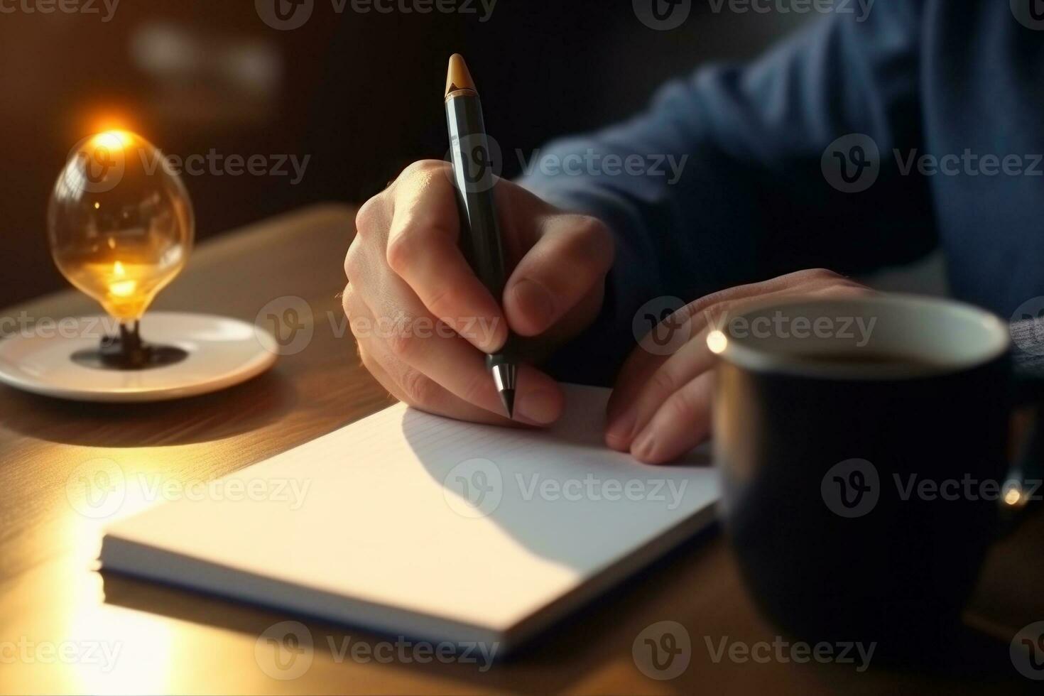 New idea concept with man writing down on paper his new idea. Generative AI photo