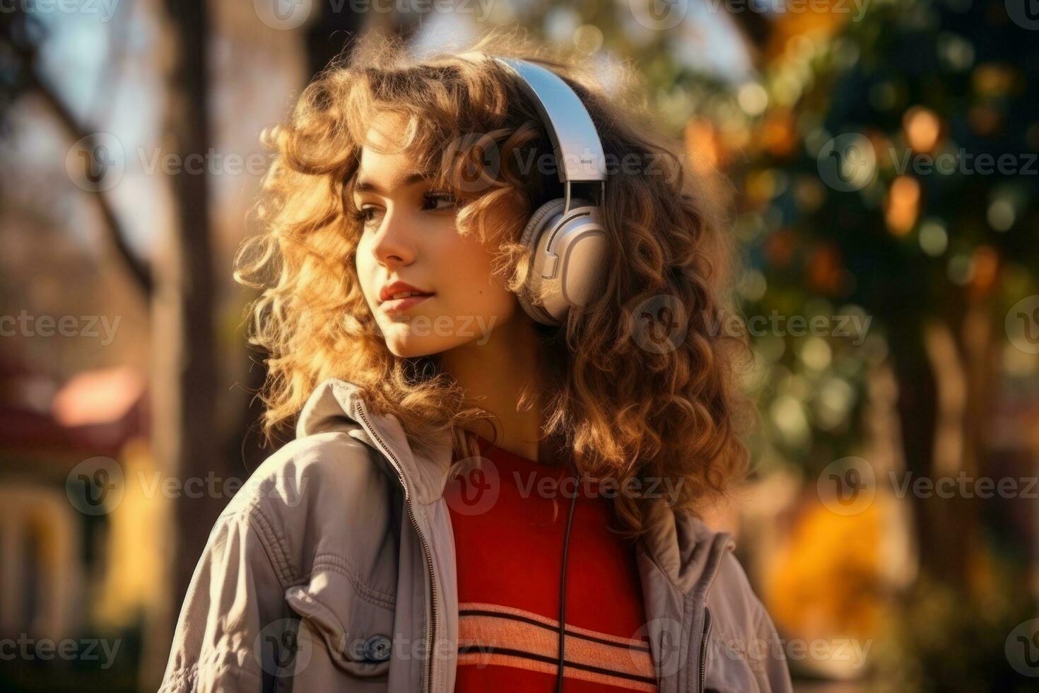 woman listens music with headphones on city street, Generative AI. photo
