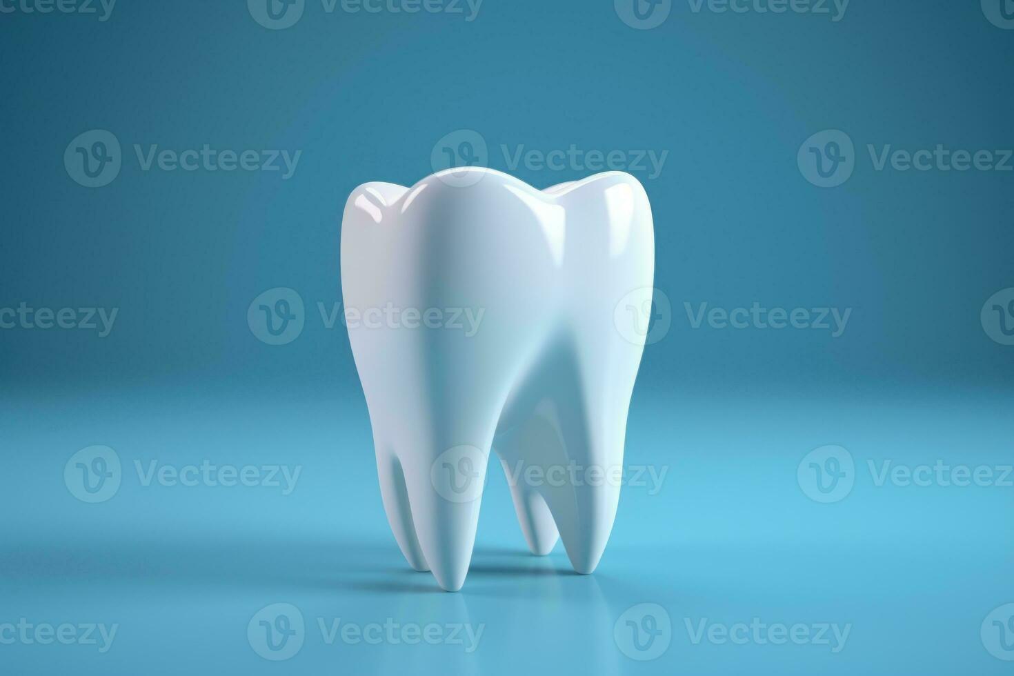Tooth on blue backdrop with copy space. Generative AI photo