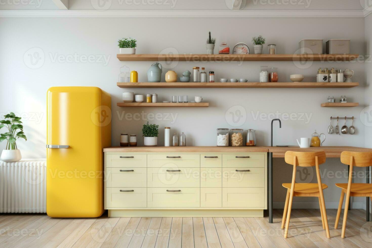 Interior of kitchen with yellow fridge, counters, sofa and shelving unit. Generative AI photo