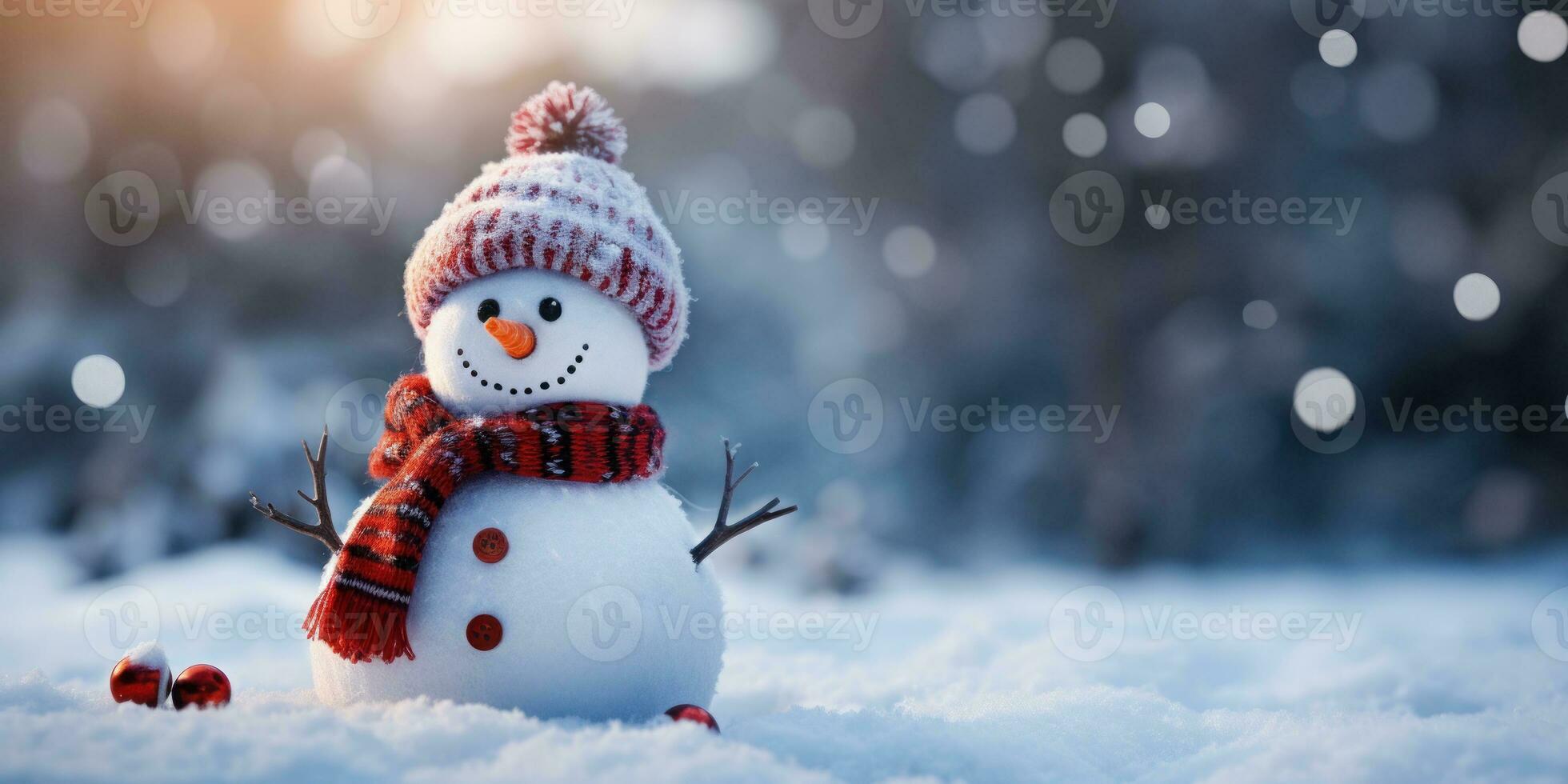 Snowman with a Santa hat,close up,empty space. Generative AI photo