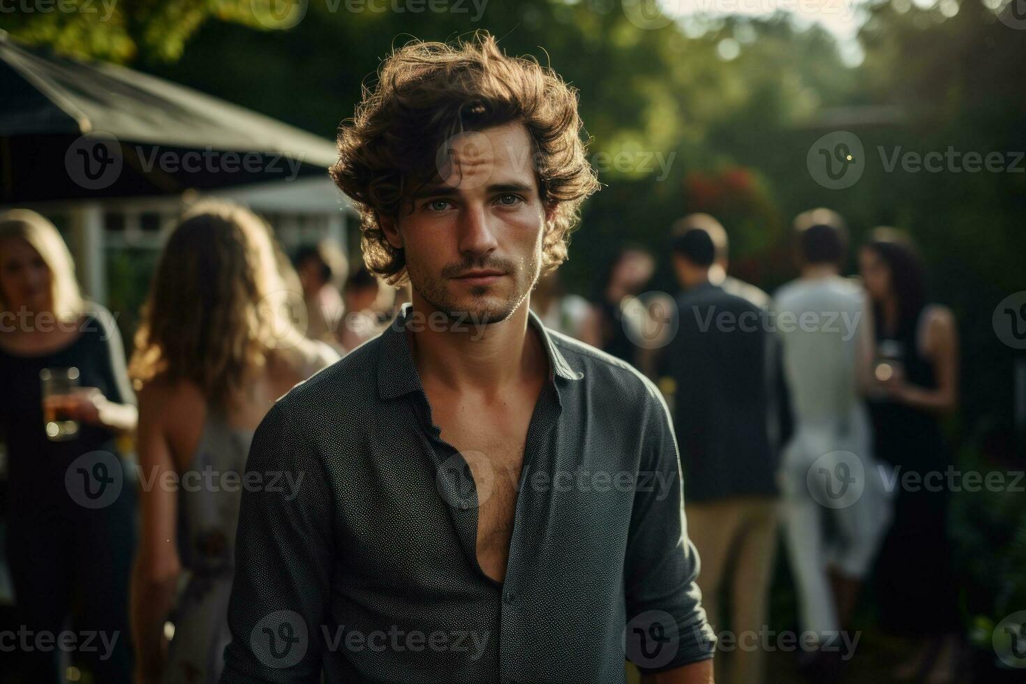 a sad young adult man is out and about, city or party or restaurant in the evening or at night, crowd of drunk people around and in the background. Generative AI photo