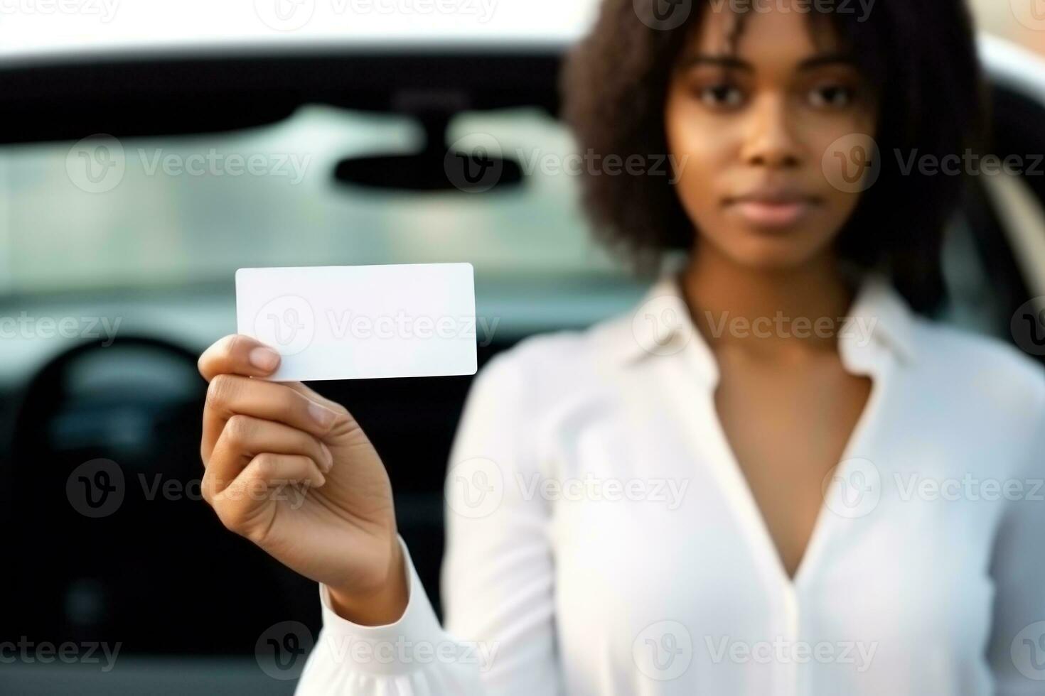 Woman shows a blank white business card. Generative AI photo