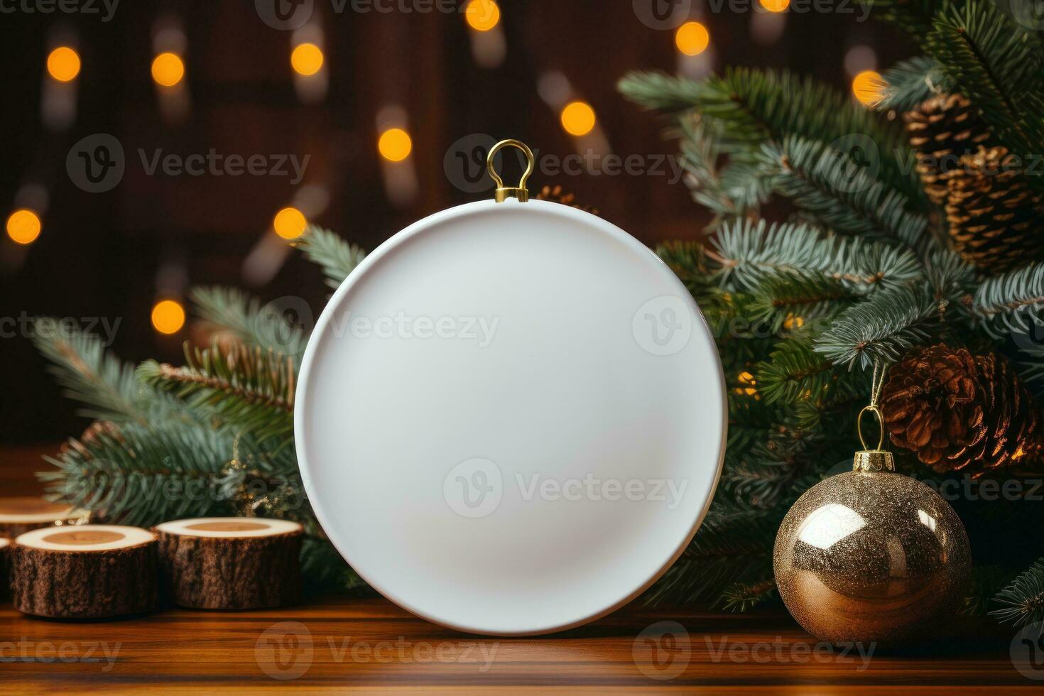 Photo of flat blank mockup decorative on the Christmas tree. Generative AI