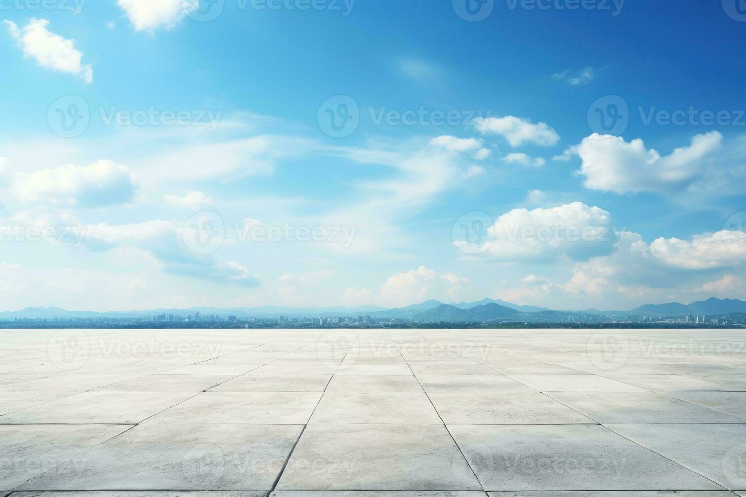 AI Generated Blue Sky Background Cloud Horizon with Empty Concrete Floor. Generative AI photo