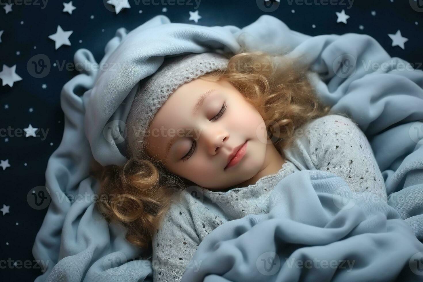 A small child is sleeping in soft clouds, surrounded by space, starry sky and peace. Generative AI photo