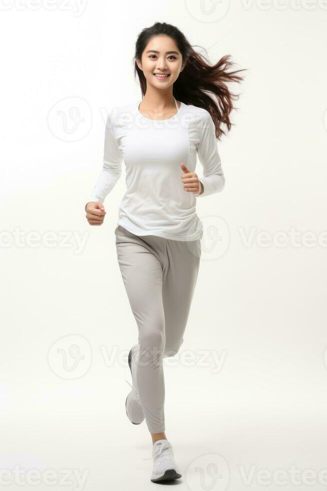 Asia Female Jogging Happy and energetic white background Generative AI photo