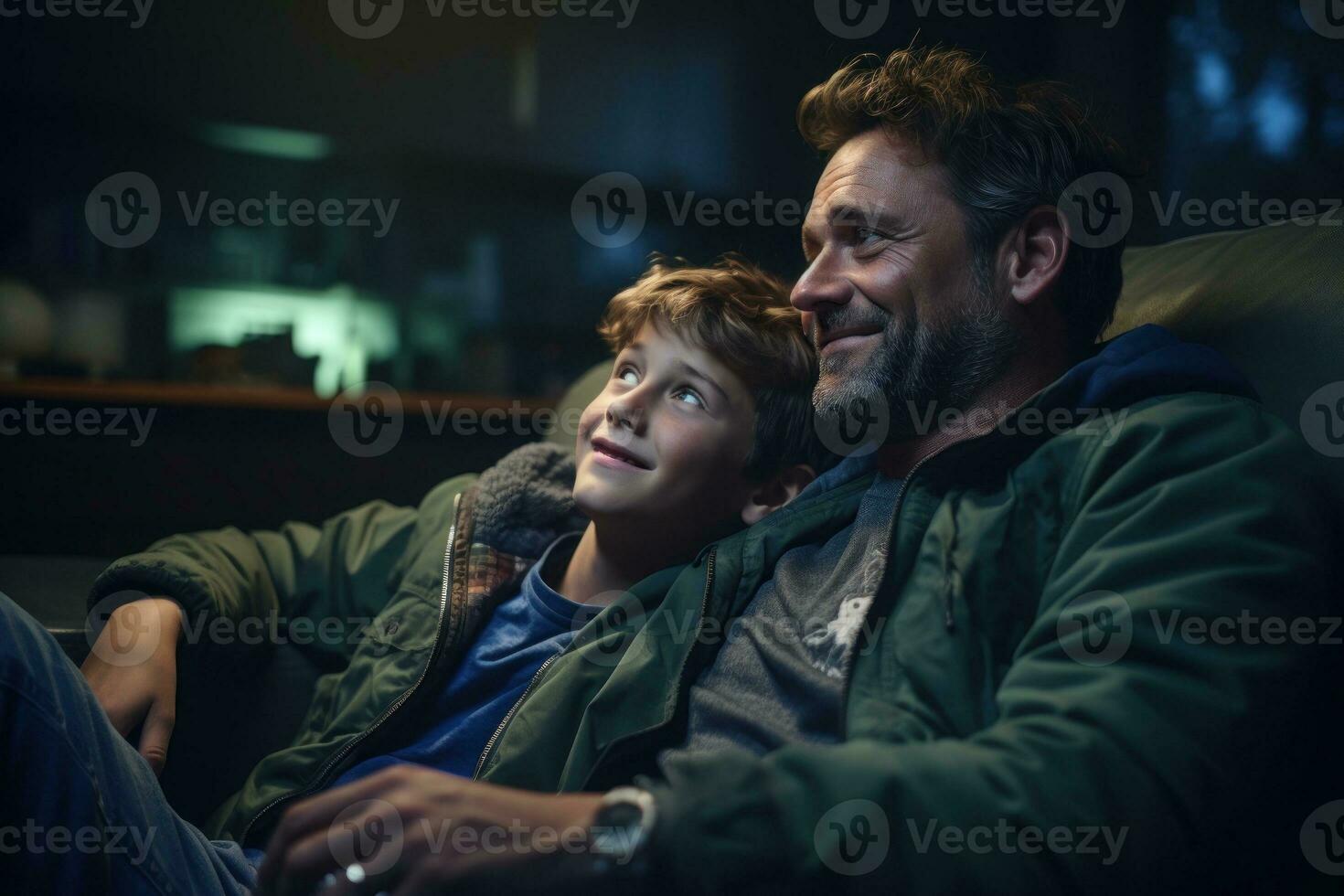 Father with his children in the living room at home watching a football game on television. Generative AI photo