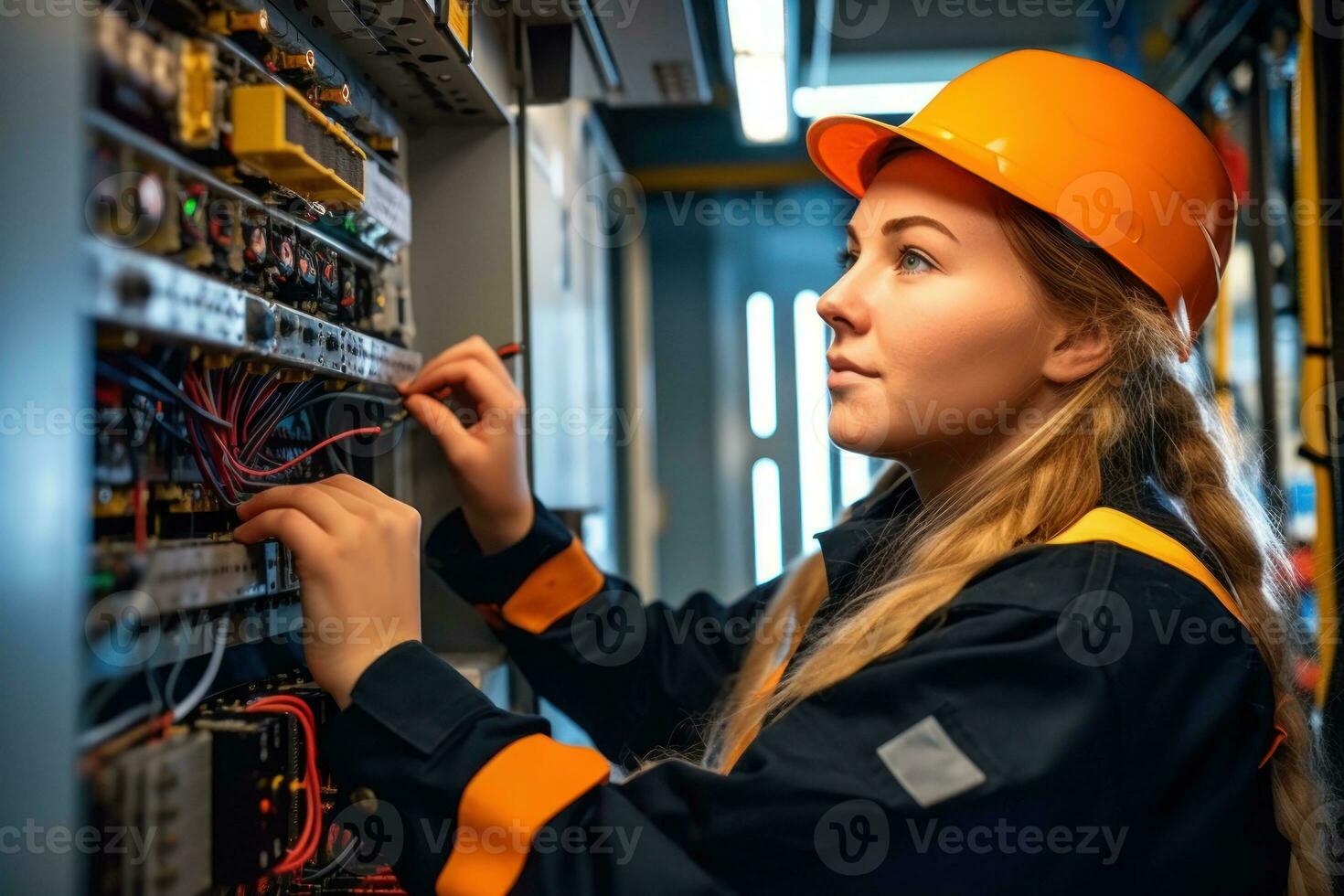 Female electrician at work on a fuse box, adorned in safety gear. Generative AI photo