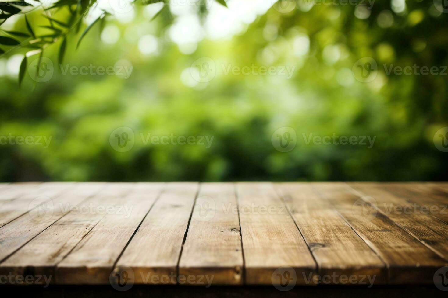 Empty table surface no objects on the table, blurred bamboo forest in the background. Generative AI photo